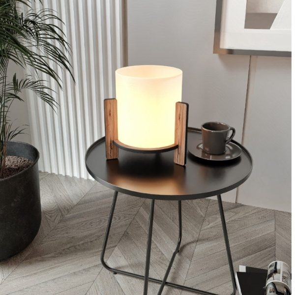 Φωτιστικό επιτραπέζιο Pine  E27 Mdf - ύφασμα Pvc χρώμα καρυδί - κρεμ Ø20x20εκ. - Image 3