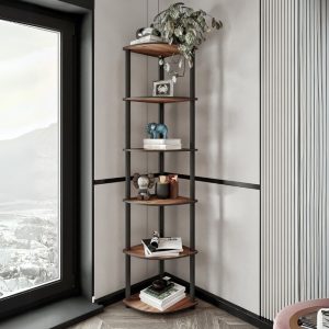 Βιβλιοθήκη γωνιακή Kedy II  χρώμα μαύρο – καρυδί 34x34x173εκ.