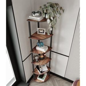 Βιβλιοθήκη γωνιακή Kedy II  χρώμα μαύρο – καρυδί 34x34x173εκ.
